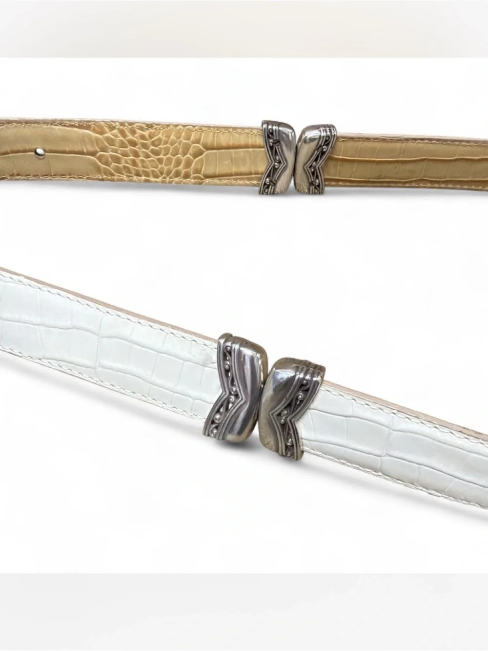 VTG Brighton Reversible White & Tan Croc-Embossed Belt with Silver Buckle M/30